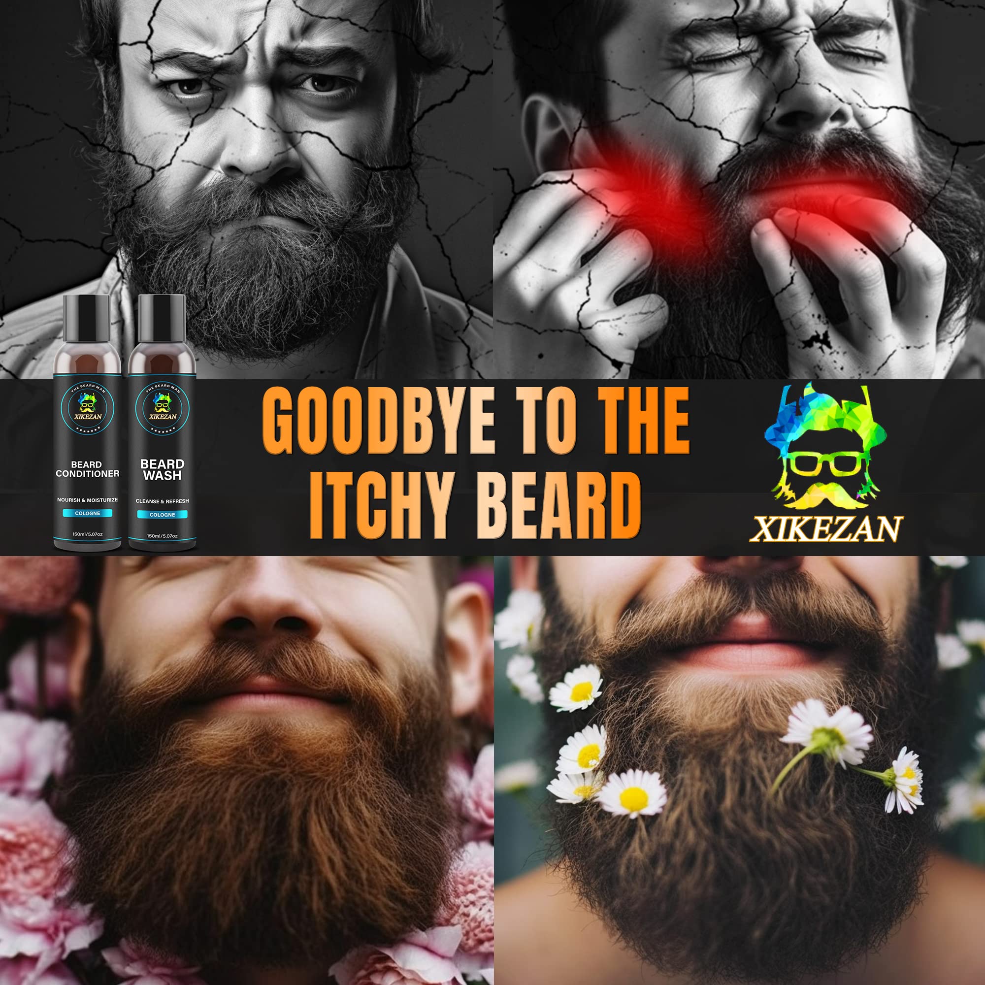 XIKEZAN Beard Wash & Beard Conditioner Natural Softener Set w/Argan & Jojoba Oils Smooths & Strengthens Christmas Stocking Stuffers Father Day Gifts for Men Him Dad Boyfriend Husband