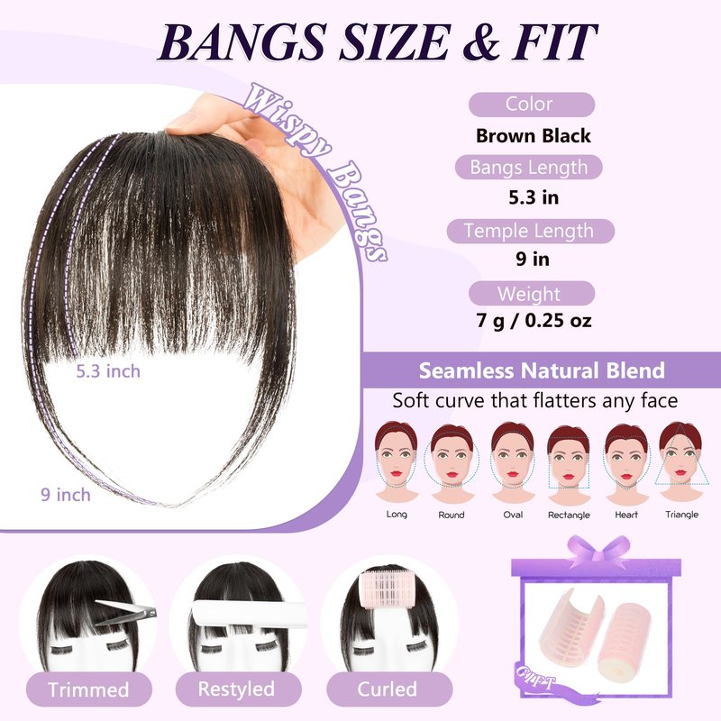 Yorda Bangs Hair Clip 100% Human Hair Clip in Bangs Fringe with Temples Wispy/French Bangs for Women Natural Looking for Daily Use (Wispy Bangs, Brown Black)