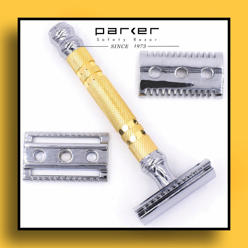 Parker, "The Convertible", Double Edge Safety Razor – Interchangeable Open & Closed Comb Plates, Solid Brass/Chrome 93 g Handle, Customizable Shave from Mild to Aggressive