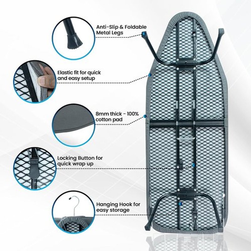 Regine Switzerland Metal Mesh Panel Ironing Board - Foldable Heavy-Duty Design with Heat-Resistant Cover & 100% Cotton 8mm Thick Pad (Grey)