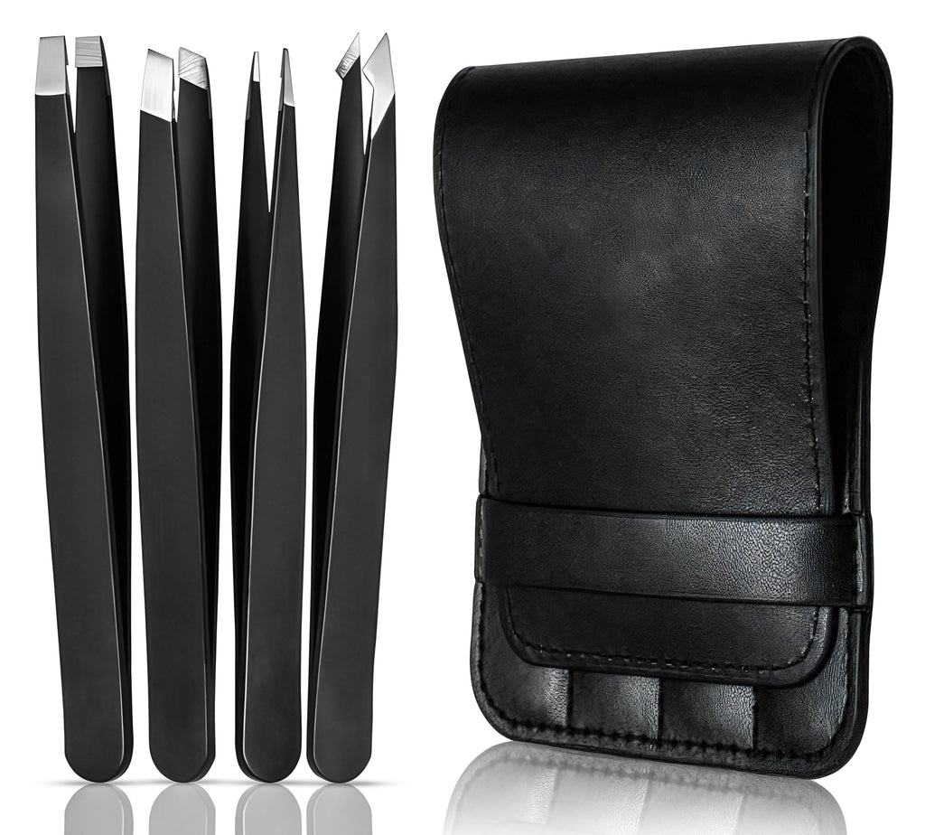 4-Piece Tweezers Set for Eyebrows & Facial Hair, Black Travel Case