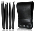 4-Piece Tweezers Set for Eyebrows & Facial Hair, Black Travel Case