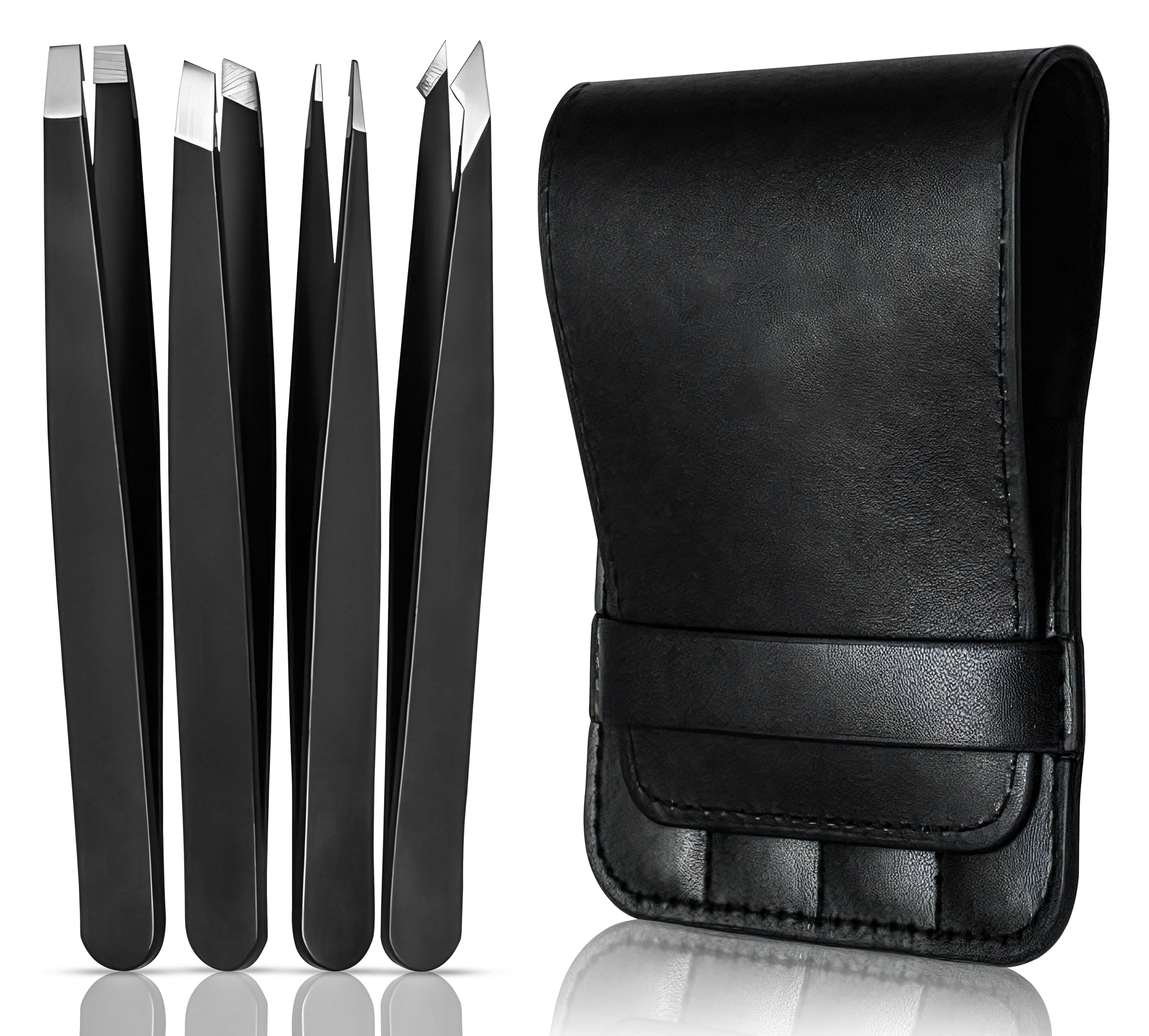 4-Piece Tweezers Set for Eyebrows & Facial Hair, Black Travel Case