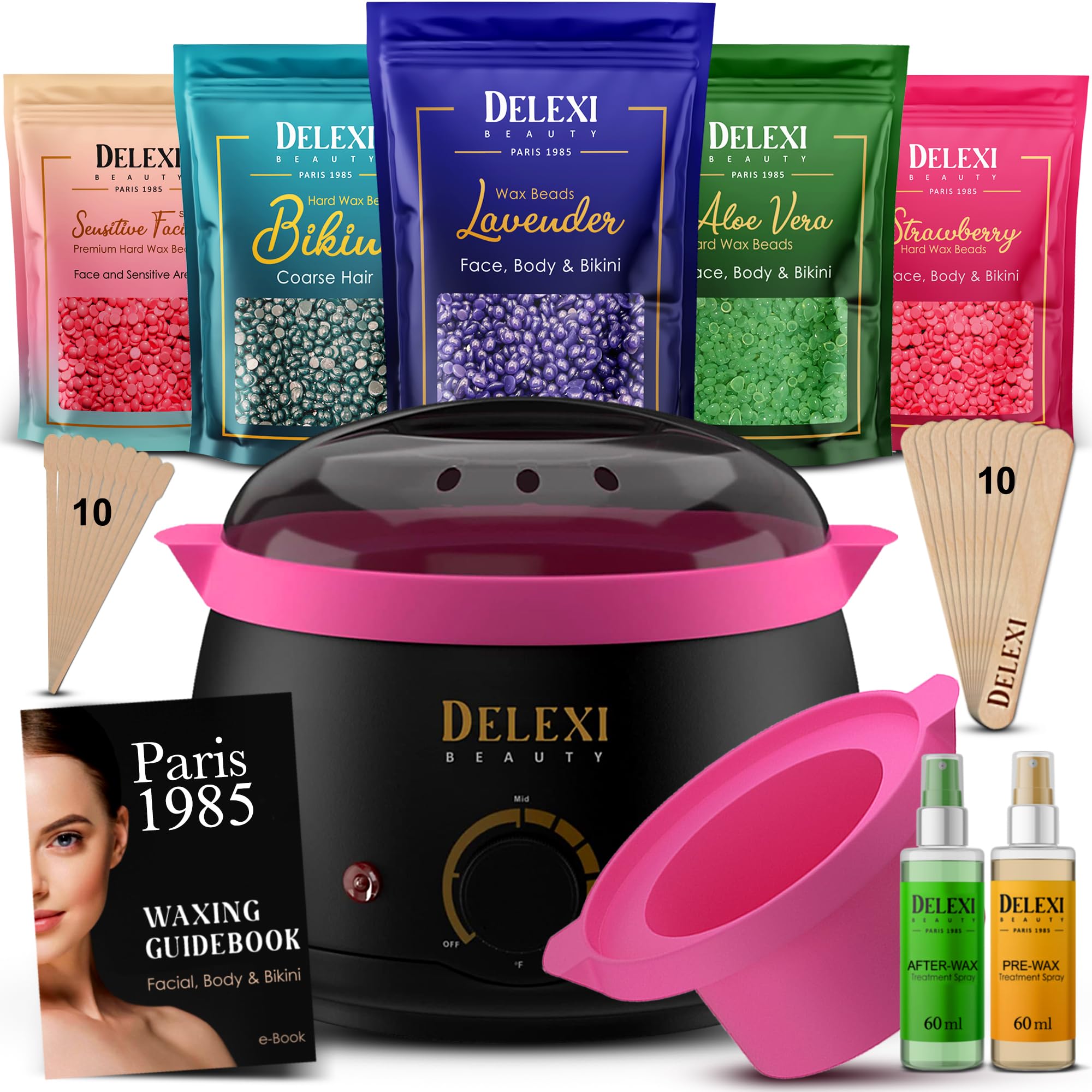 DELEXI Premium Waxing Kit for Women & Men – Painless Hard Wax Beads for Coarse Hair, Smart-Heat Wax Warmer (No Burns), 41-Piece Set for Brazilian, Bikini & Face – Resultados de Salón en Casa