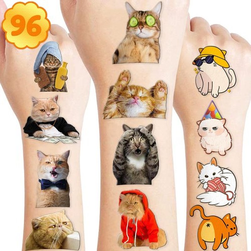 96 PCS Cute Funny Meme Cat Cats Temporary Tattoos Stickers Themed Birthday Party Decorations Supplies Decor Favors Animal Pet Tattoo Sticker Gifts For Kids Boys Girls School Prizes Christmas