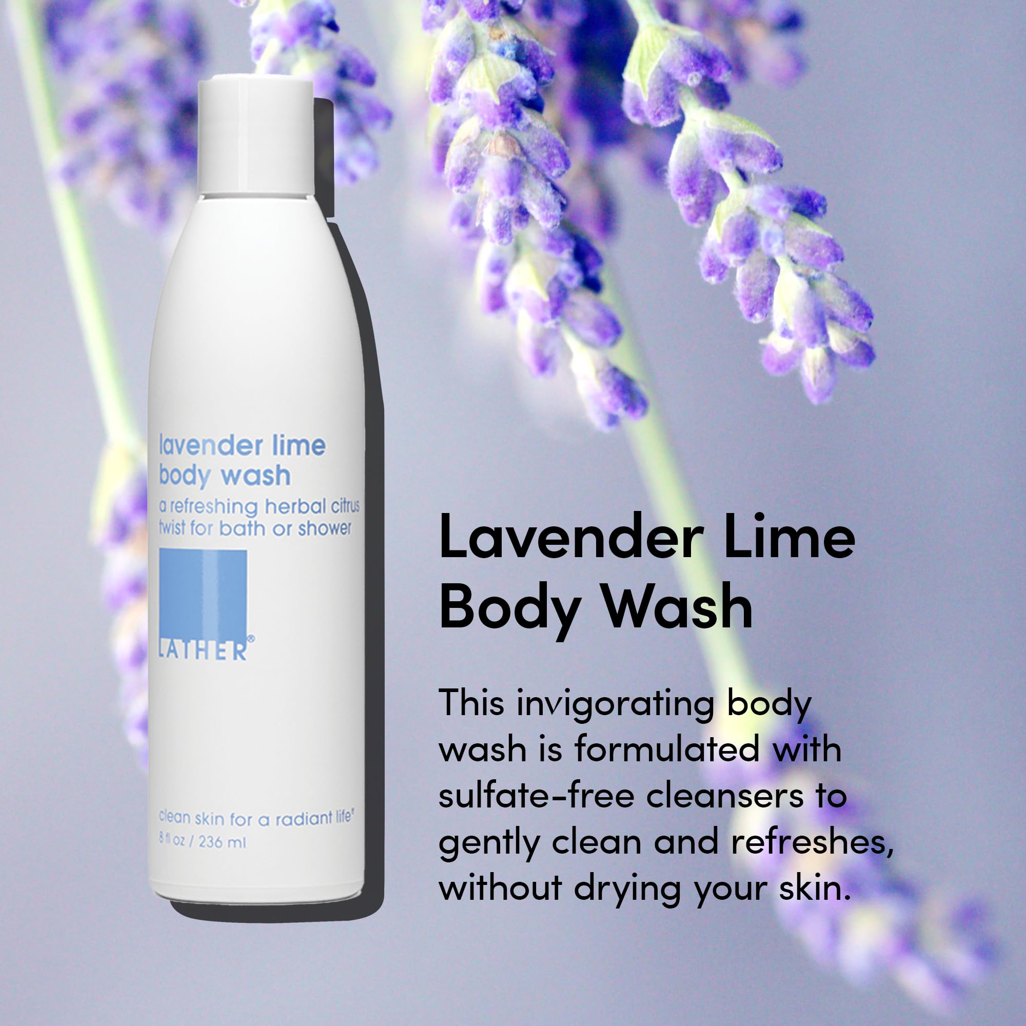 LATHER - Lavender Lime Natural Body Wash, 8 fl oz - Shower Gel Cleanser - Gentle Body Soap - Essential Oils - Chamomile, Ginseng, Rosemary - All Skin Types, Vegan, Cruelty Free - Beauty & Skincare