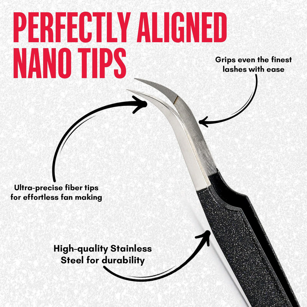 My Lash Tools Curved Classic Fiber Tip Lash Tweezers – 12cm Eyelash Extension Tweezer with Fine Curved Nano Grip Tip, Stainless Steel, Non-Slip Handle (Black)