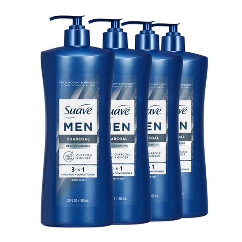 Suave Men Deep Cleansing 3 in 1 Shampoo, Conditioner & Body Wash with Charcoal Powder, Detoxifies & Cleanses Hair & Skin, Removes Oil & Impurities, 4 Count, 28 FL OZ Pump