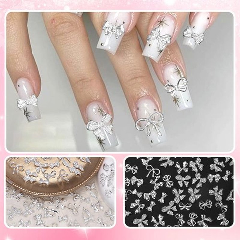 100 Pcs Silver Bow Nail Charms Y2K, 10 Styles Alloy Nail Bows Charms for Nail Art, Shiny Metal Bowknot Nail Art Charms for Nails Art Design DIY Accessories