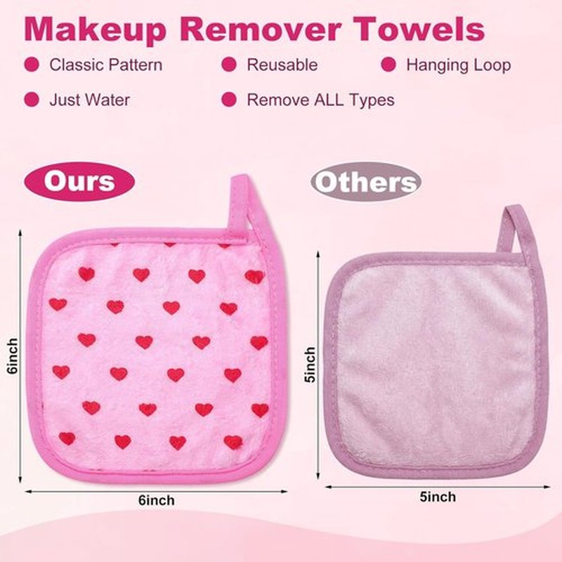 Frienda Heart Makeup Remover Cloths - 24 Pcs Reusable Microfiber Towels | Soft 6" x 6" Washable Pads for Galentine's Day Gifts