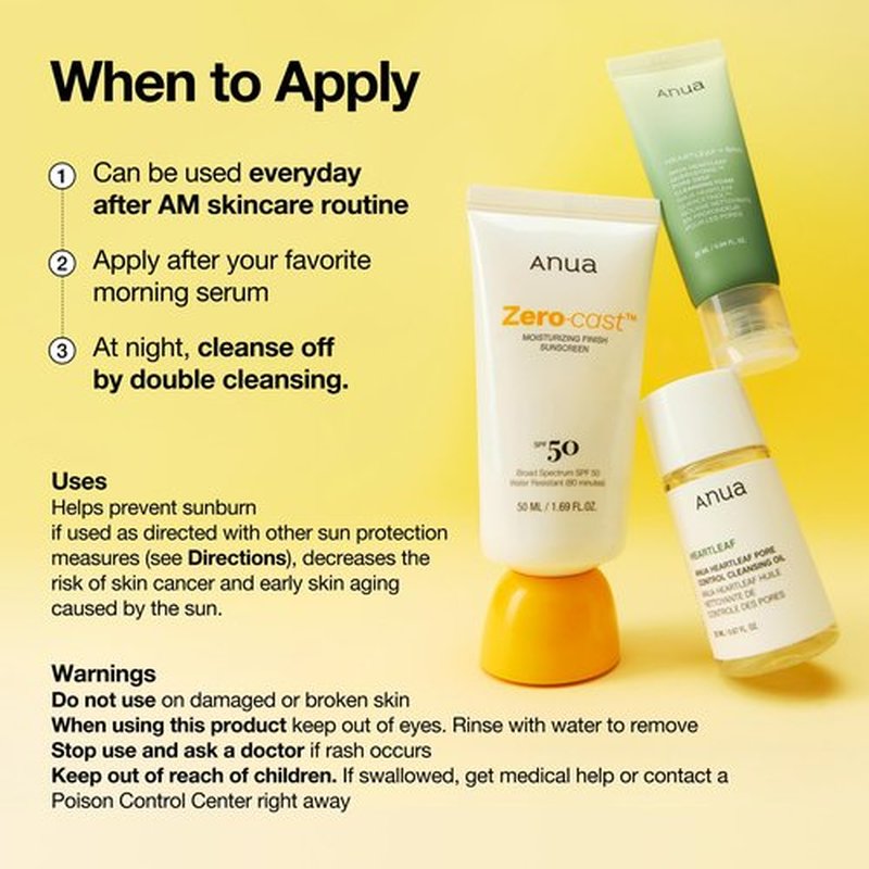 Anua, Zero-Cast Moisturizing Sunscreen SPF 50, Glow Natural Sunscreen for face, No White Cast, Hyaluronic Acid, Niacinamide, Oil-Free, Korean Skincare, 1.69 fl oz
