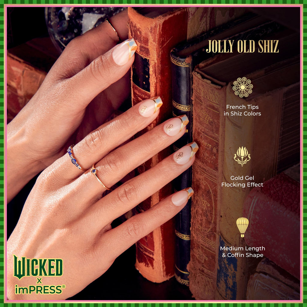 WICKED X imPRESS Press On Nails, ‘Jolly Old Shiz’, Multicolor, Medium Coffin, New Improved Adhesive, Up To 10 Day Hold, Includes 30 Fake Nails, 1 Prep Pad, 1 Manicure Stick, 1 Mini File
