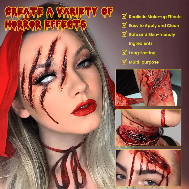 VOLLUCK Halloween Makeup kit - Fake Blood Washable + Liquid Latex + Scar Wax with Spatula Tool + Fake Blood Spray + 2 Stipple Sponge