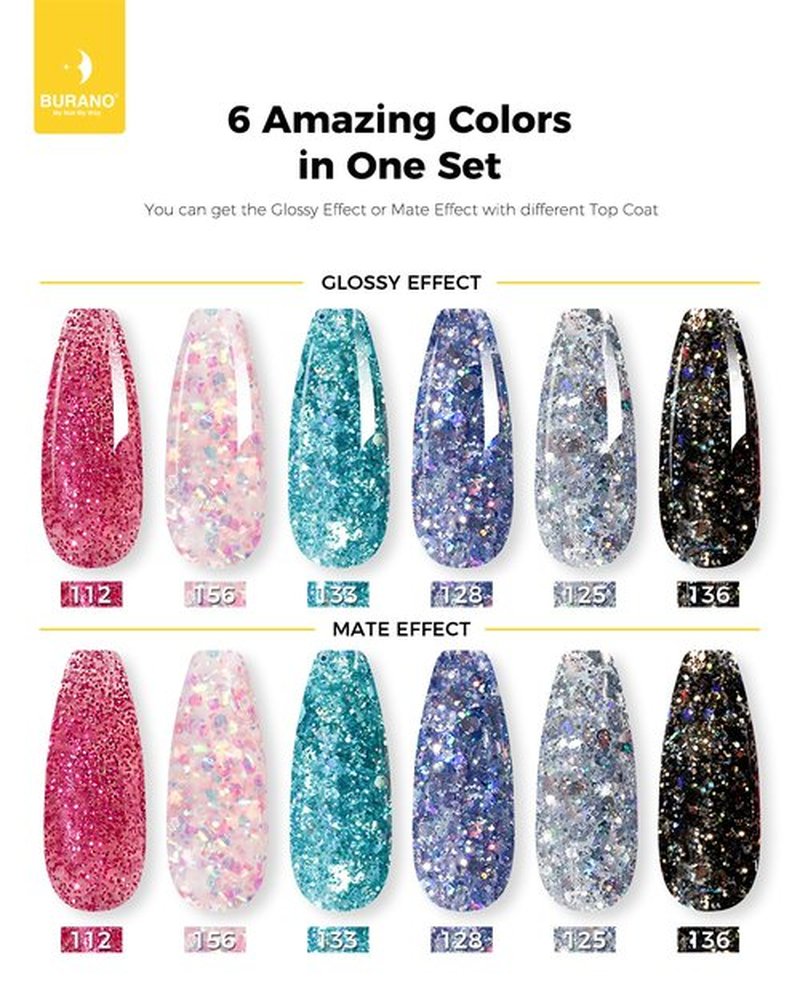 BURANO Poly Extension Gel Nail Kit, 6 Colors Nail Poly Nails Builder Gel Set for Beginner & Professional Using, DIY Starter Kit Nail Art Gift (glitter)