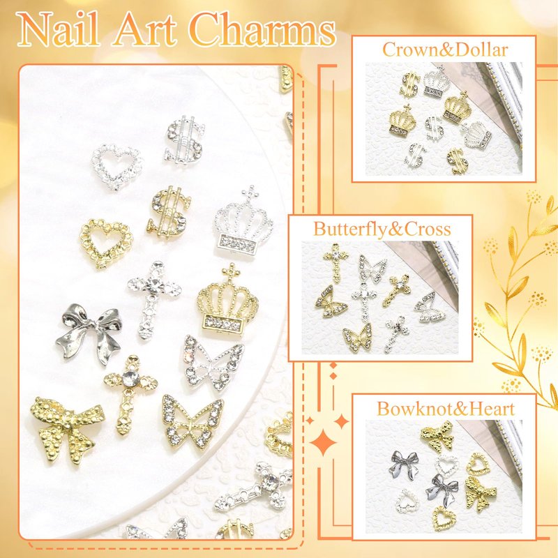 YAEISM 110PCS Gold Nail Charms 6 Types Silver Nail Charms 3D Butterfly Charms Shiny Dollar Sign Nail Charms Crystal Crown Nail Charms Alloy Heart Bow Nails for Nail Art and DIY Crafts Decoration
