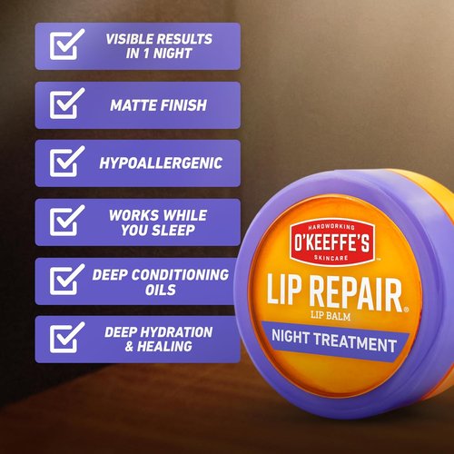 O'Keeffe's Lip Repair Night Treatment Balm - Moisturizing Formula for Dry, Cracked Lips | 0.25 Ounce Jar (2 Pack)
