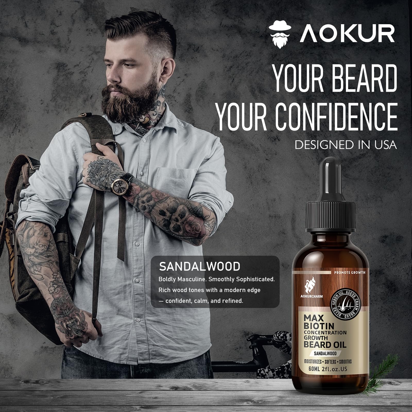 aokur Biotin Beard Growth Oil for Men - Vitamin B5 & Castor Oil Formula, Nourish & Thicken Facial Hair, Daily Beard Care, Styling & Taming, Hydrating, Non-Greasy, Sandalwood 2oz Gift for Him