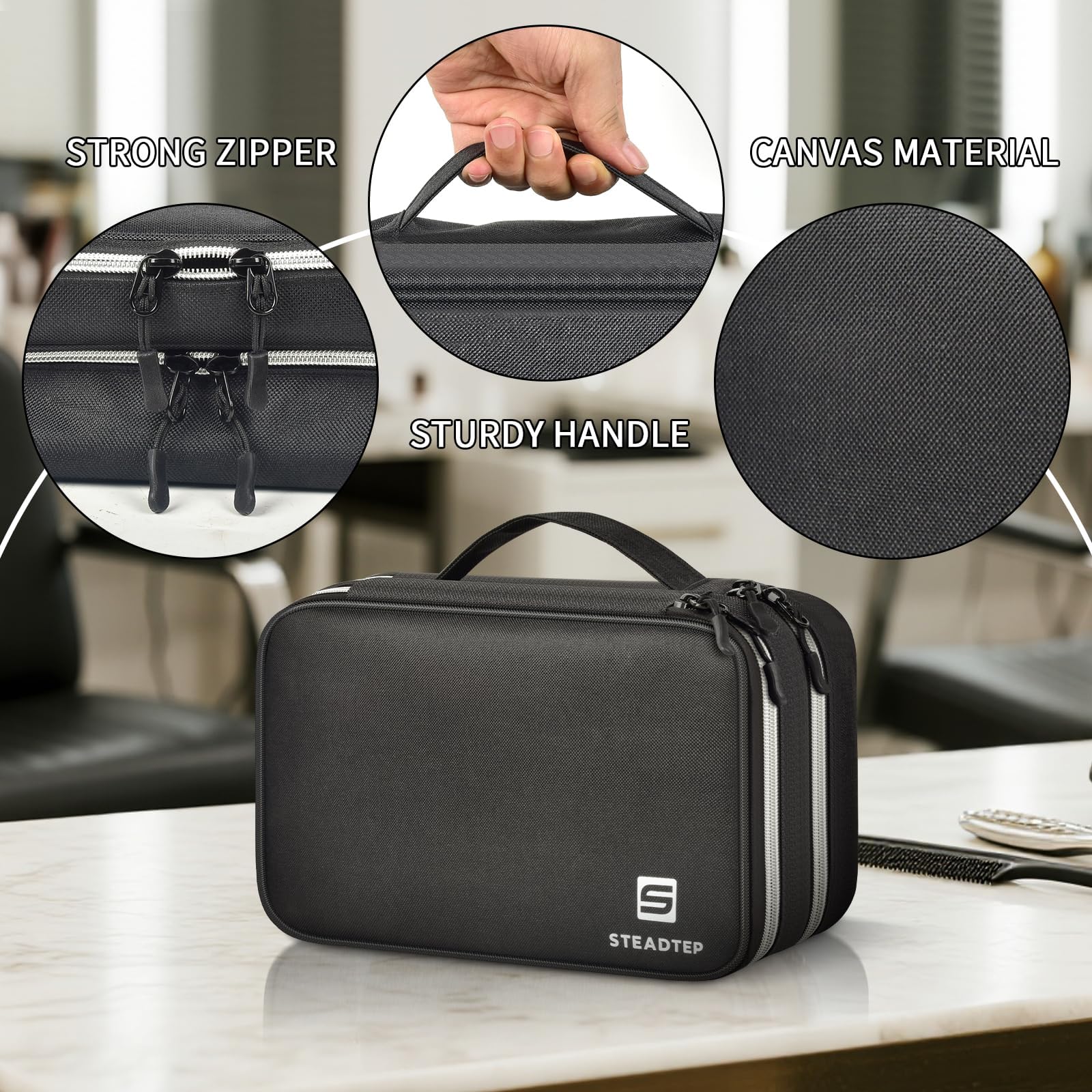 Steadtep Barber Clipper Organizer Bag, Double Layer Hair Clipper Case for Clippers, Guards, Scissors & Barber Supplies, Portable Travel Barber Bag with Transparent Guard Pockets (BLACK, LARGE)
