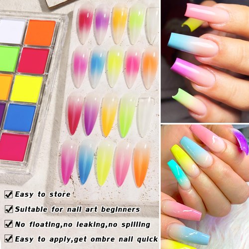 FSpronail Neon Nail Pigment Set 10 Colors Ombre Nail Powder Solid Fluorescent Pigment Gradient Nail Design Extra Fine Glitter Summer Neon Nail Art Manicure Beginners - Includes 5 Sponge Sticks 1 Brush