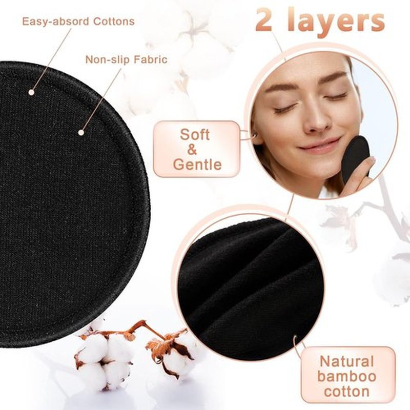 Foaincore Reusable Makeup Remover Pads - 40 Pcs Soft Bamboo Cotton Rounds with Storage Bag | Black