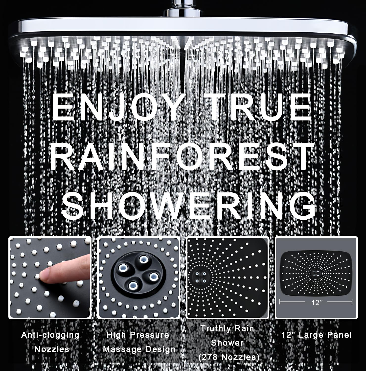 BOZYBO Rain Shower Head with Handheld: High Pressure Shower Heads with Handheld Spray Combo, 12" Rainfall Shower Head and 9 Sprays Hand Showerheads with Magnetic Docking and Power Jets, Chrome 1.8GPM