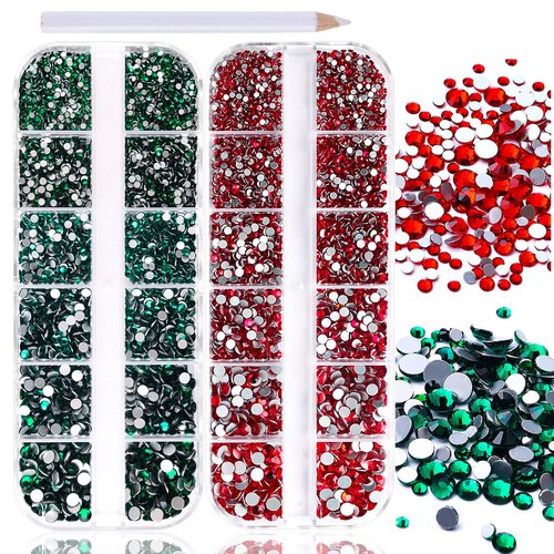 JERCLITY 3000pcs Emerald Green Rhinestones for Nails Red Rhinestones for Nails Flat Back Gems Round Crystal 6 Sizes (1.5-4mm) with Picking Pen for Crafts Clothes Shoes Jewelry
