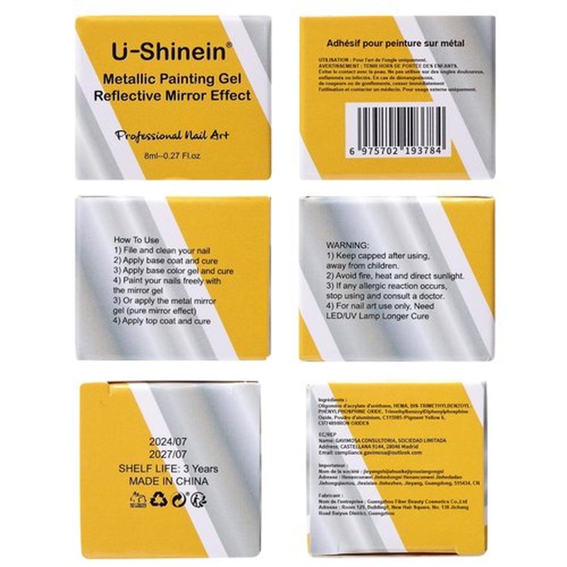 U-Shinein 8ml Metallic Golden 3D Metal Painting Gel Nail Polish, Mirror Finish, UV/LED Soak Off