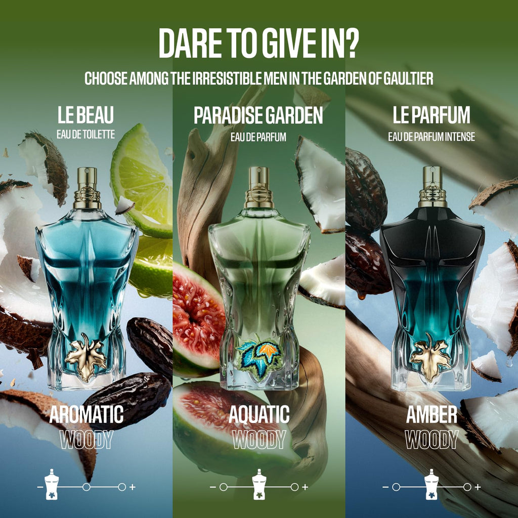 Jean Paul Gaultier Le Beau Paradise Garden Eau de Parfum for Men - Long Lasting Fresh Woody Aquatic Men's Cologne with Coconut Water, Green Fig & Sandalwood - Designer Fragrance Travel Spray, 0.34 oz