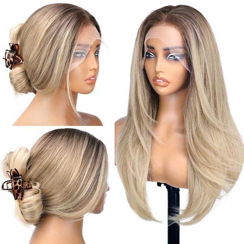 Eawwii 13x6 HD Lace Front Glueless Ombre Blonde Wig for Women Free Parting Layered Straight Synthetic Hair Natural Hairline Heat Resistant Beginner Friendly Daily Use 24 Inch