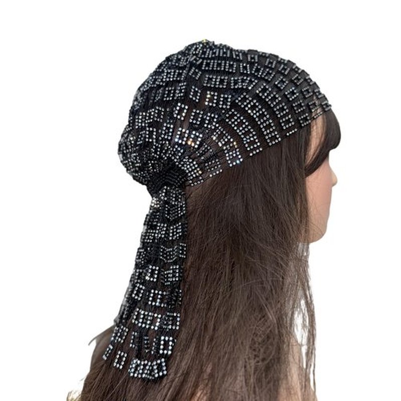 Munyee Hua Square Rhinestone Head Scarf for Women Bling Sparkly Hijab Stretchy Rave Turban Hat Handmade Headband Crystal Mesh Cap Hair Snood Nets Vintage Dress Concert Headpiece Black