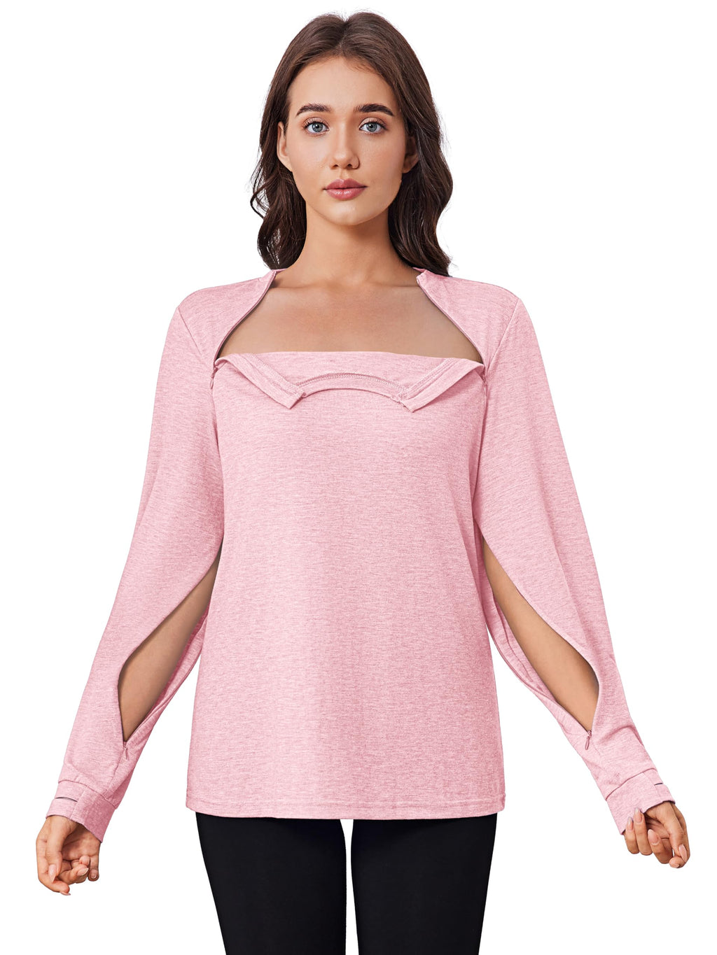 Deyeek Chemo Shirts for Port Access Dialysis Shirts with Arm Zipper Tear Away Long Sleeve Post Shoulder Surgery Shirt Pink M
