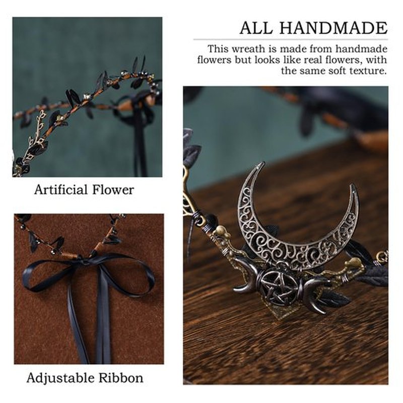 MOSTORY Handmade Moon Elf Headpiece - Woodland Forest Crown Fairy Goddess Tiara Elven Circlet Medieval Queen Festive Accessory for Women s Halloween Cosplay Renaissance Black