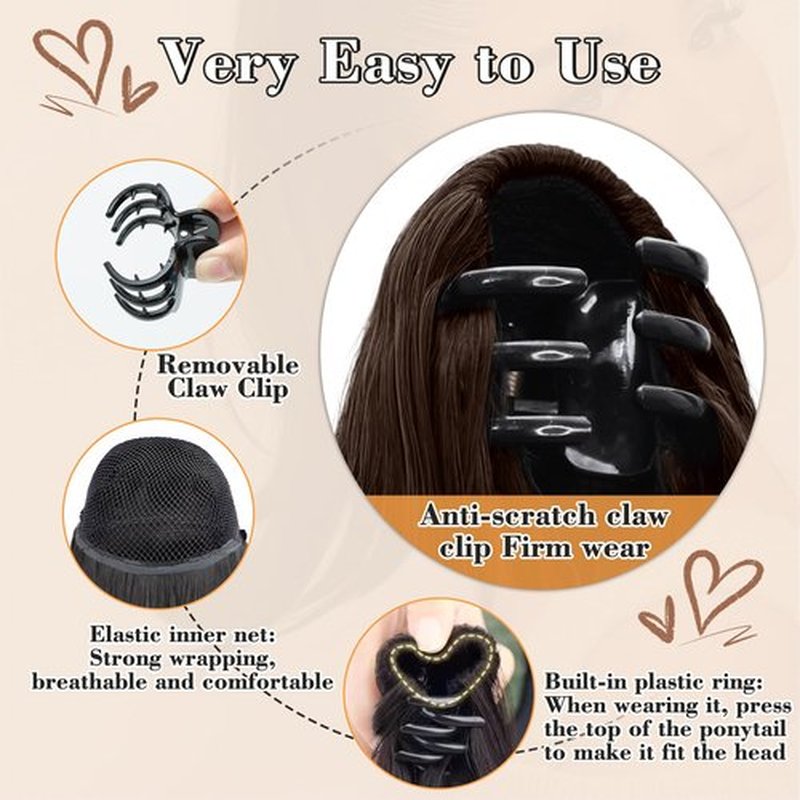 MOCA HAIR Ponytail Extension,Dark Brown Mixed Chestnut 18 Inch Claw Clip Ponytail Extension, Soft Wavy Curly Clip on Ponytails for Women Heat Resistant Synthetic Hairpiece for Daily Use