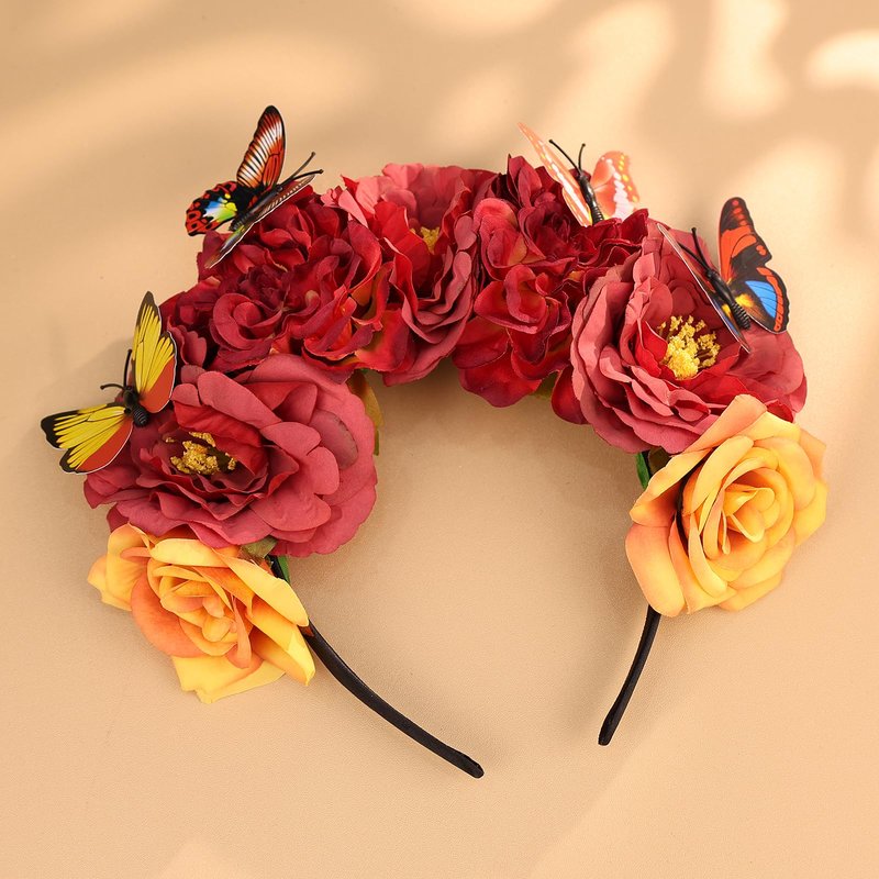 Yheahin Mexican Rose Flower Crown Headband for Women Butterfly Floral Headpiece Day of The Dead Headband Cosplay Party Costume Flower Hair Accessories (Butterfly 2- red, Elastic)