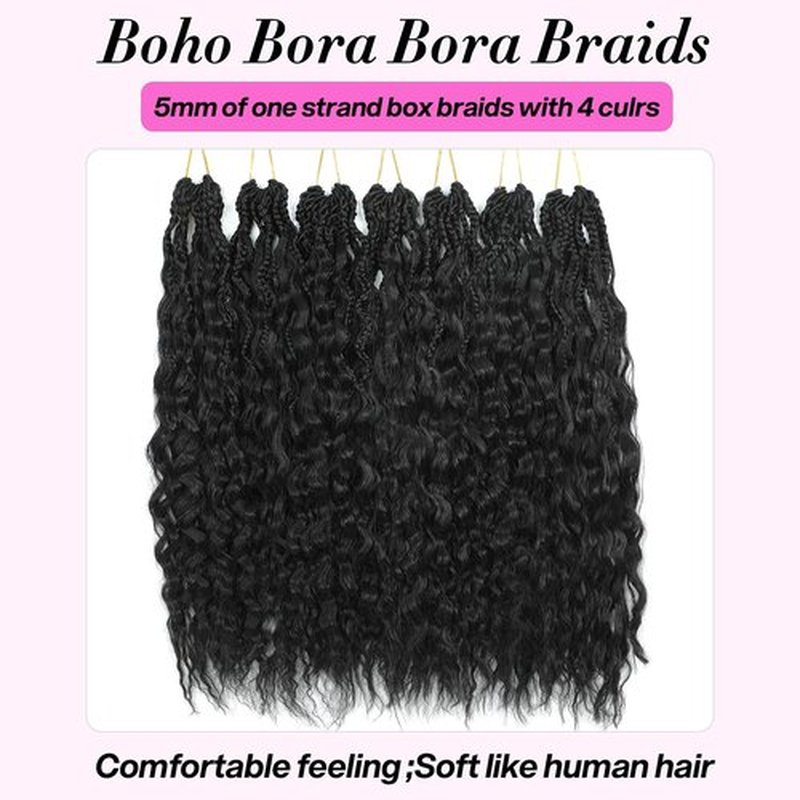 Goddesty Boho Bora Bora Crochet Braids Pure Protein Fiber Close to Human Hair 18inch Goddess Box Braids with Soft Breezy Wave Curly Bohemian Crochet Hair for Black Women (1B, 18 Inch(Pack of 7))