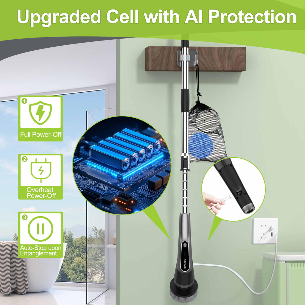 Dreazu Pro Electric Spin Scrubber, 10-in-1 Shower Scrubber & Retractable Long Handle, 44 lbs High-Torque & Variable Speed Shower Cleaning Brush for Bathroom,Toilet, Bathtub, Kitchen, Tile Floors, Car