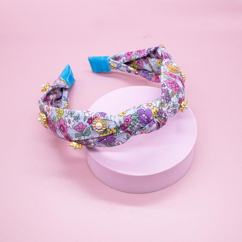 FROG SAC Floral Knot Headband for Girls, Pearl Stud Knotted Headbands for Kids, Flower Studded Hair Band Accessories for Children, Cute Comfortable Back to School Hairband
