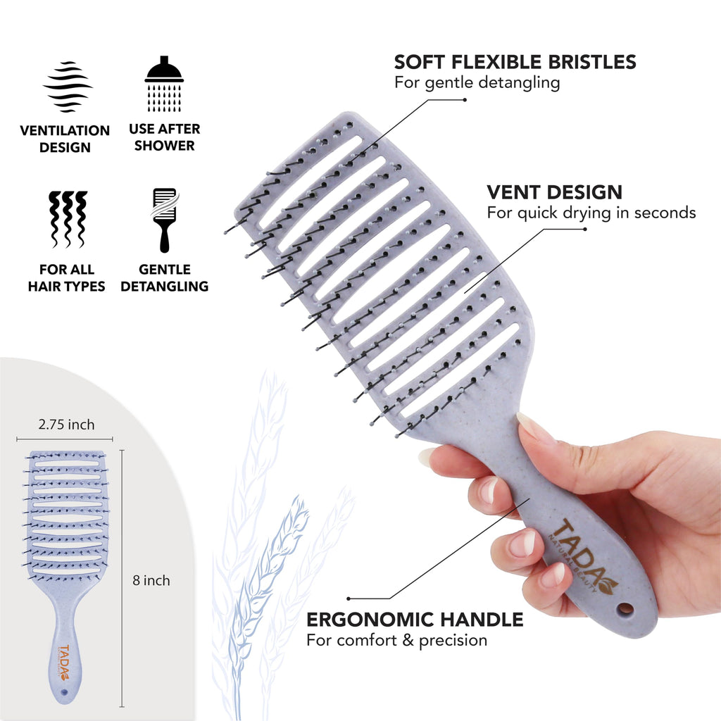 TADA Natural Beauty Set Hair Brush Detangler for All Hair Type Curly, Thick, Wavy, and Thin Hair - Hair Brush Set for Women, Men, Kids (3PK Blue)