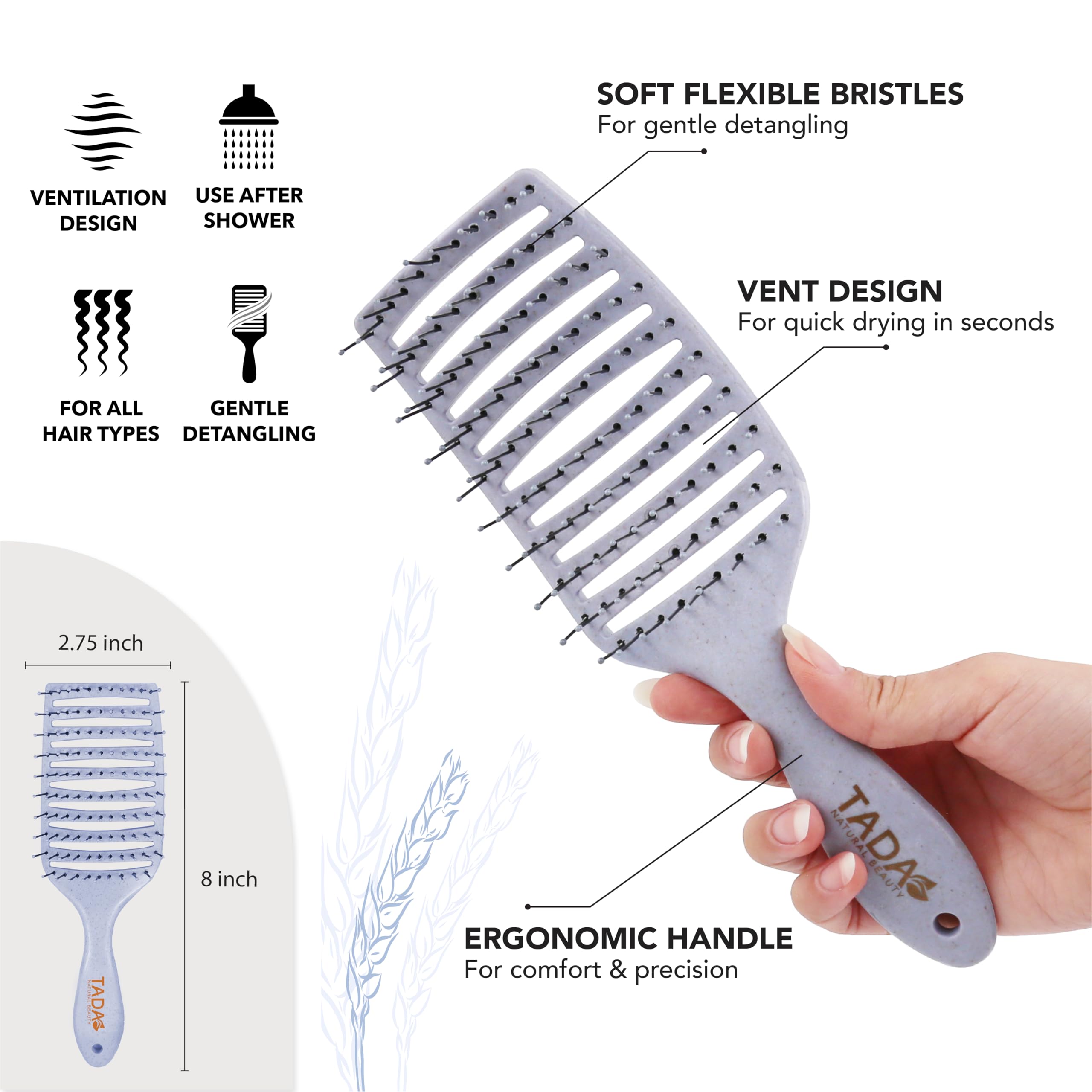 TADA Natural Beauty Set Hair Brush Detangler for All Hair Type Curly, Thick, Wavy, and Thin Hair - Hair Brush Set for Women, Men, Kids (3PK Blue)