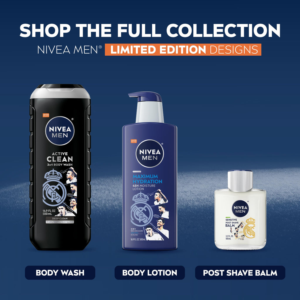 NIVEA MEN Real Madrid Limited Edition Design Active Clean Body Wash with Natural Charcoal for Normal to Oily Skin, 3-in-1 Charcoal Body Wash, Face and Hair, 16.9 Fl Oz Bottle, Pack of 3