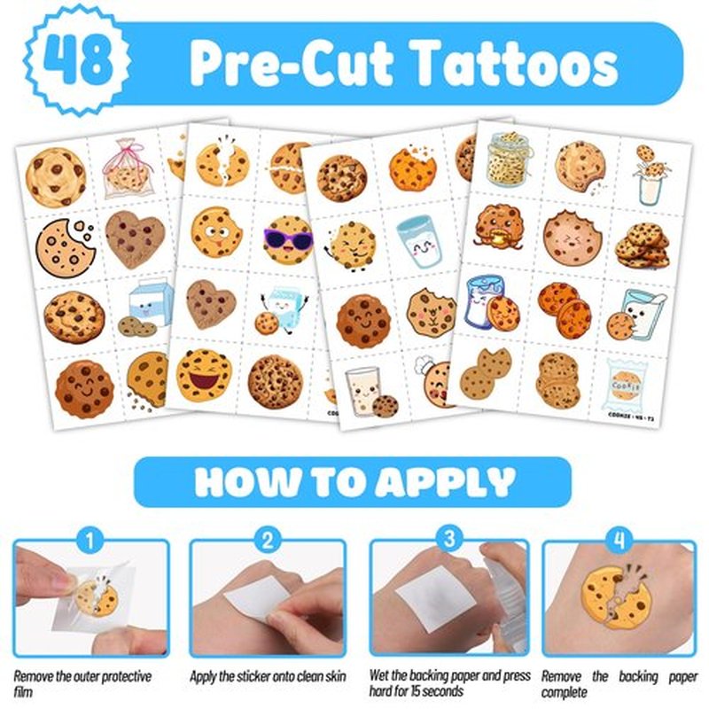 72PCS Cookie Party Set - 48PCS Temporary Tattoos & 24PCS Slap Bracelets - Fun Cookie-Themed Birthday Supplies, Baby Shower Gifts, Classroom Rewards & Party Decor for Kids (Boys & Girls)