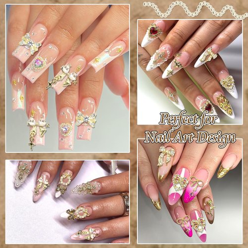 RODAKY 58PCS Bow Nail Charms Gold Charm for Nails Crystal Heart Bowknot Nail Art Gems Rhinestone Luxury Cute Nails Decoration for Manicure Design DIY