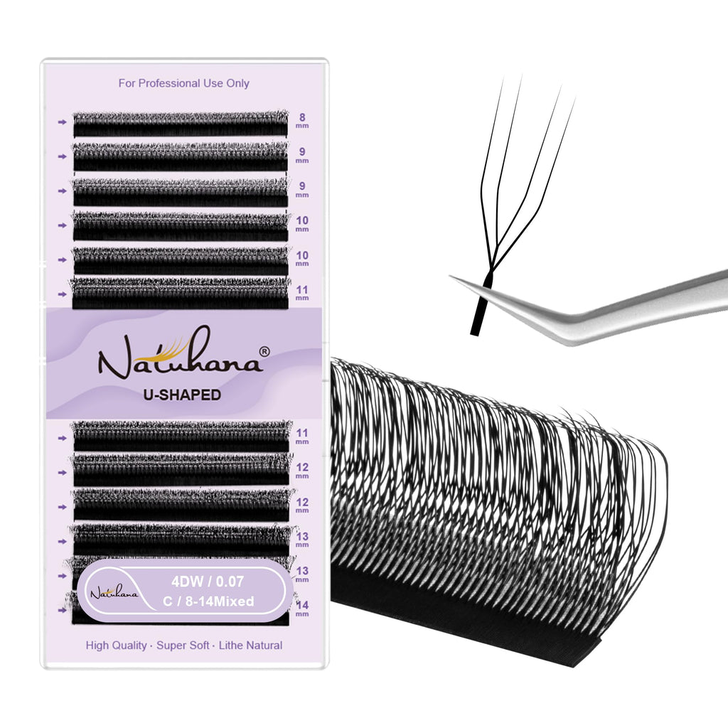 Natuhana 4D U Shape Lash Extensions Easy Fan Russian Volume U Eyelash C/D Curl 0.07mm Natural U Shaped 12 Rows Premade Eye Lashes Supply(Black,0.07C,8-14mm)