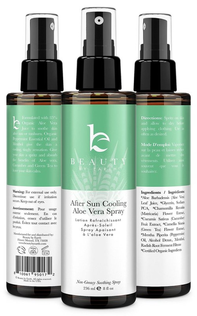 Beauty by Earth After Sun Cooling Aloe Vera Spray - USA Made With Organic Aloe Vera, Fast Absorbing After Sun Care for Sunburn Relief, Skin Cooling Spray, Sunburn Treatment Spray Lotion for Body
