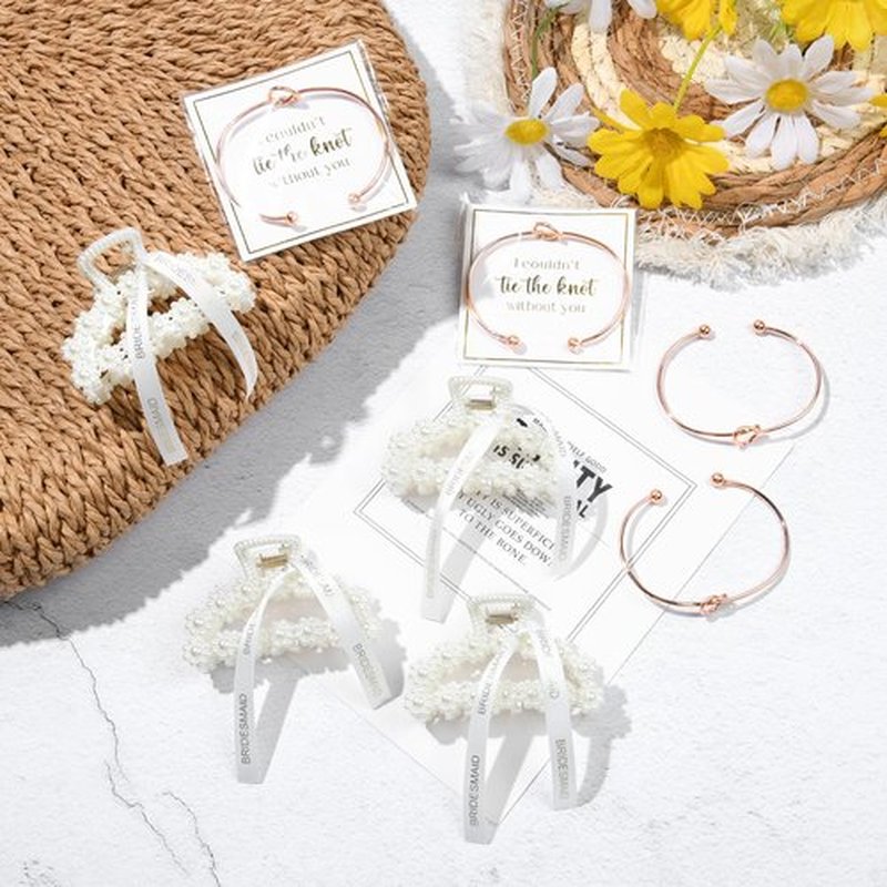 DEEKA 12 Pcs Bridesmaid Proposal Gifts, Pearl Hair Claw Clips & Bridesmaid Knot Bracelet Bachelorette Party Wedding Favors Bridal Party Present Hair Accessories for Women(Rose Gold Bracelets)
