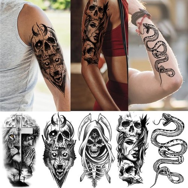 52 Sheets Black Halloween Temporary Tattoos for Kids Men Women, Include 10 Sheets Large Half Arm Sleeve Fake Tattoos, 200+ PCS Spider Snake Tiger Lion Skull Bat Vampire Scar Halloween Tattoos
