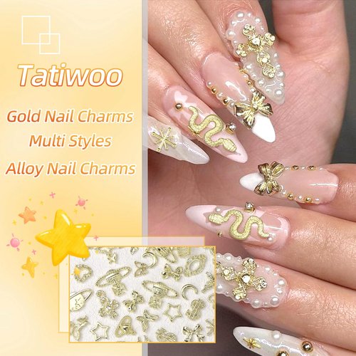 240 Pcs 3D Gold Nail Charms, Mixed Alloy Crown Bows Cross Nail Gold Charms, Golden Planet Star Metal Nail Art Charms Snake Charms for Acrylic Nails DIY Y2K Accessories