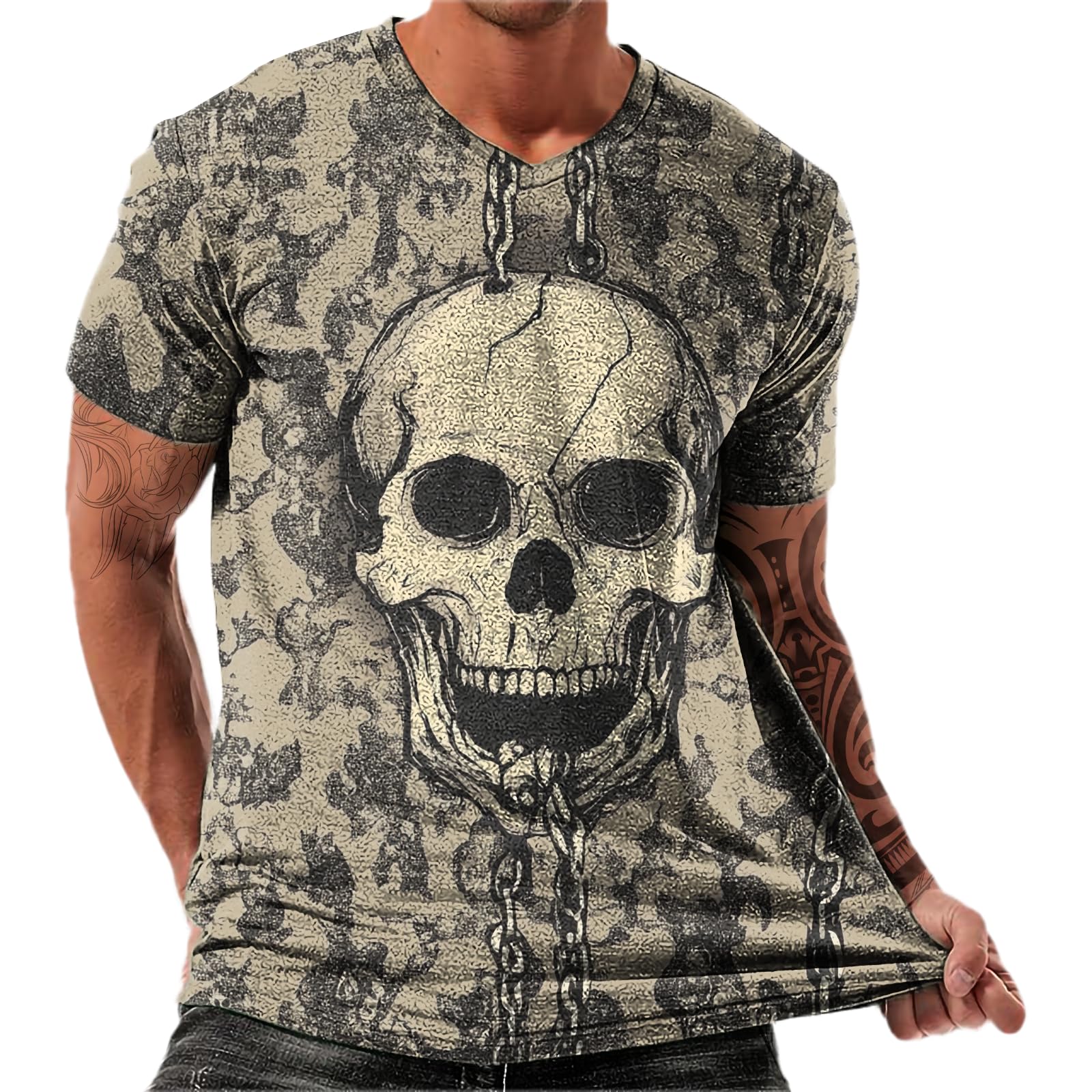 Skull Men Casual Shirt Lightweight Vintage T-Shirts and Casual Wear Mens Moisture Wicking Sleeve Shirt Cool Beach Party Breathable Summer Outfit Regular Fit Crewneck,2XL