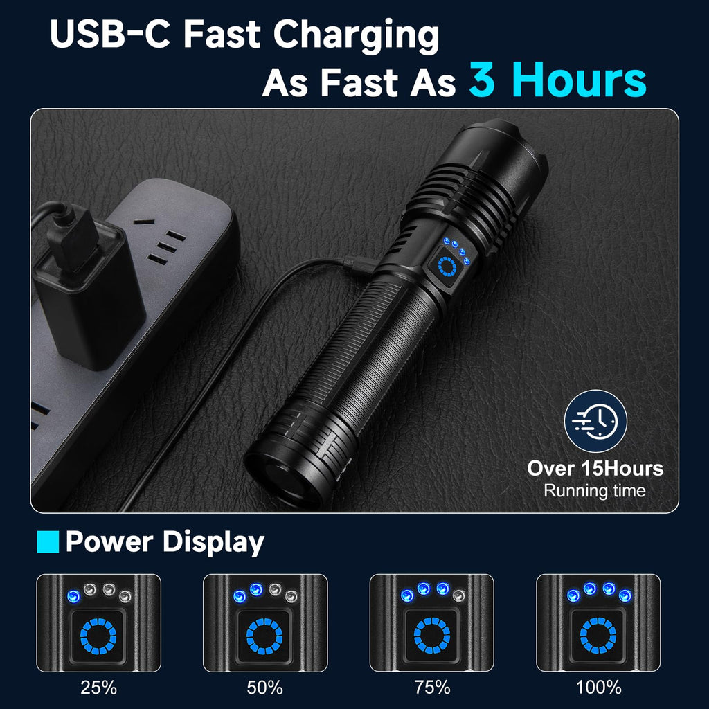 Kungf Flashlight Rechargeable 4 Pack, LED Flashlights High Lumens, 99,000 Lumen Super Bright FlashLights, 5 Modes Adjustable Powerful Handheld Flash Light for Home, Outdoor, Waterproof