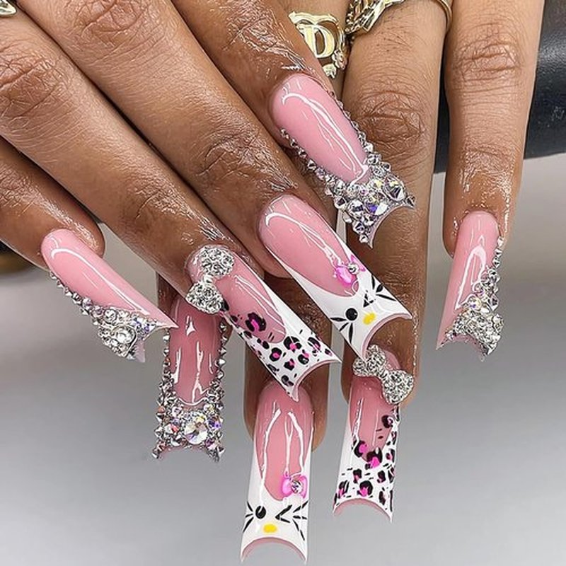 BABALAL Acrylic Press on Nails Long Square Fake Nails White French Glue ons False Nails Y2k Cat Kitten & Metallic Bow Charm Design 24Pcs Luxury Bling Rhinestone Squoval